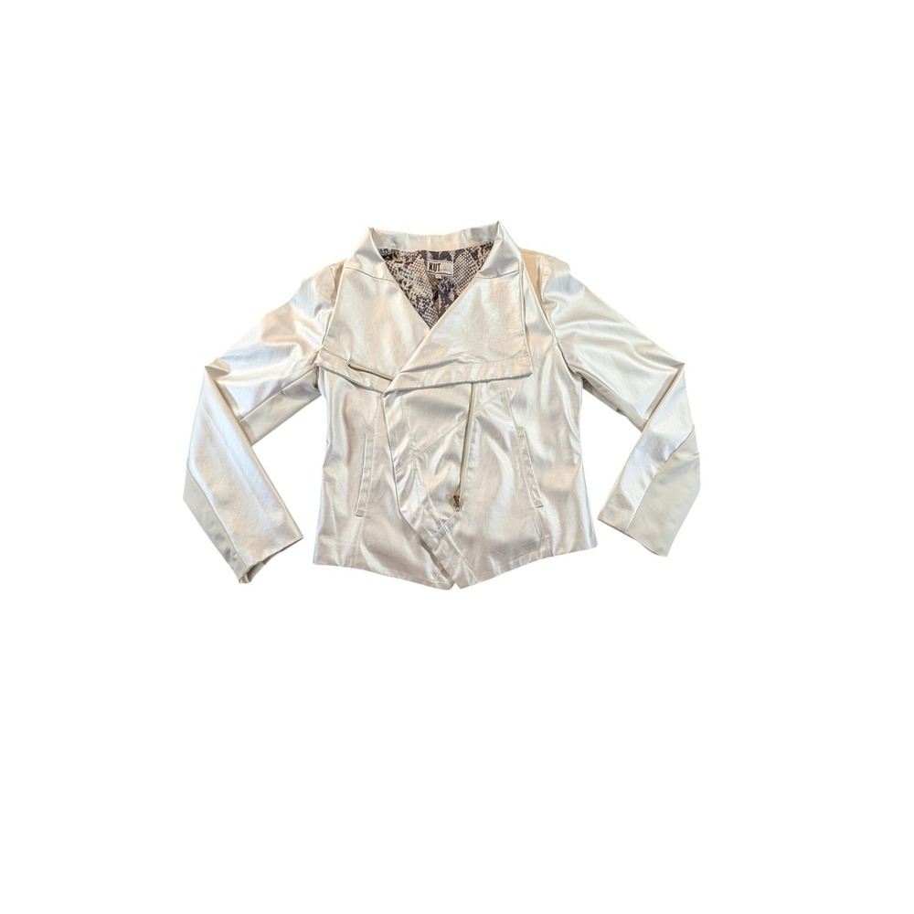 Kut from the Kloth Metallic Pearl Silver Asymmetrical Moto Jacket Snake Print XL